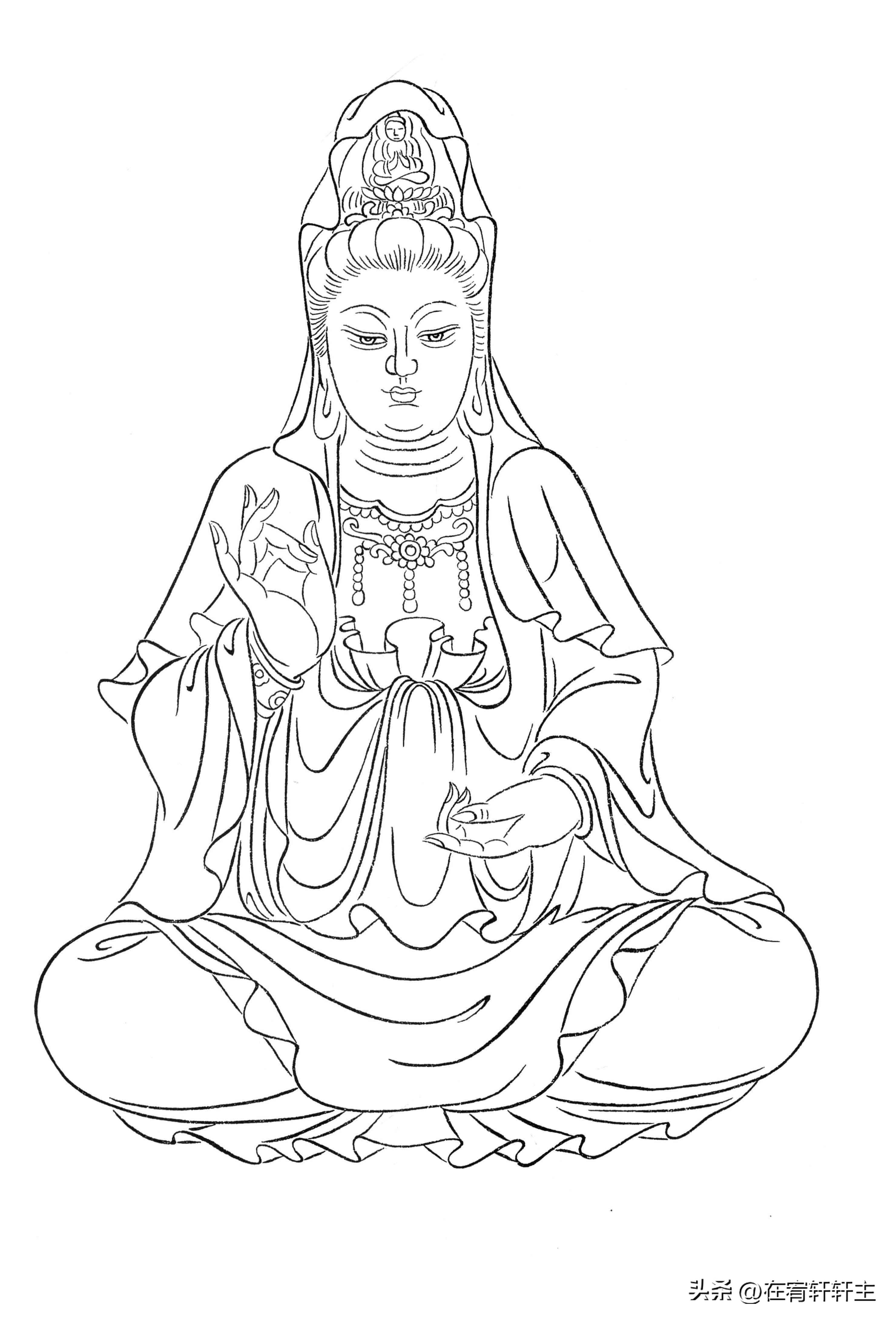 工笔白描观音苏柏斗,工笔画国画白描观音