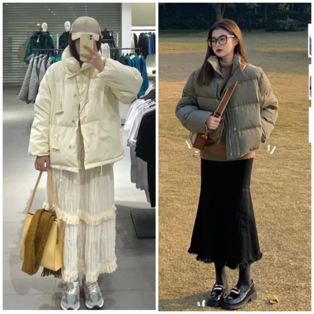 短款白色羽绒服的最佳搭配半身裙,羽绒服搭配哪些裙子才时髦