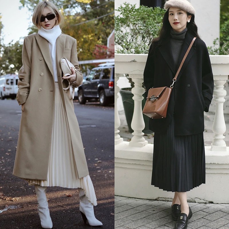 百褶裙长款搭配什么大衣好看,冬季50岁女人大衣百褶裙街拍