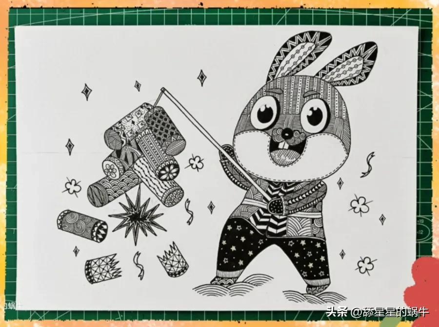 黑白线描画兔年大吉图文版,兔年主题画线稿怎么画