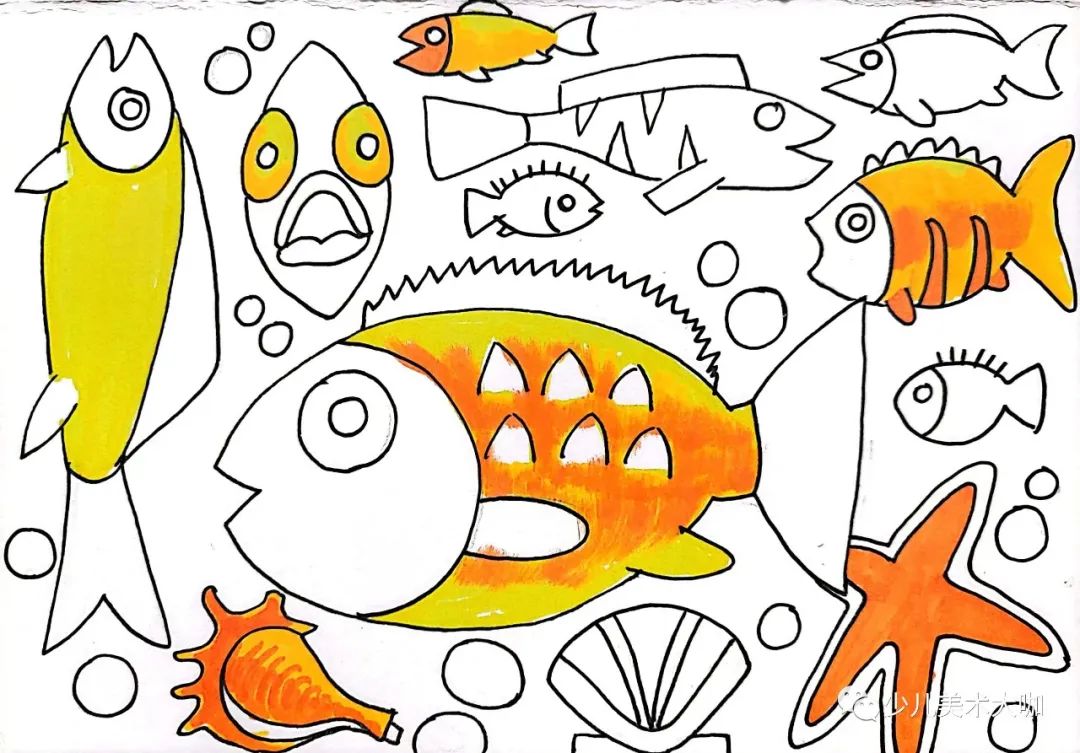 深海鱼群创意美术粘贴画,深海里的鱼群美术教案