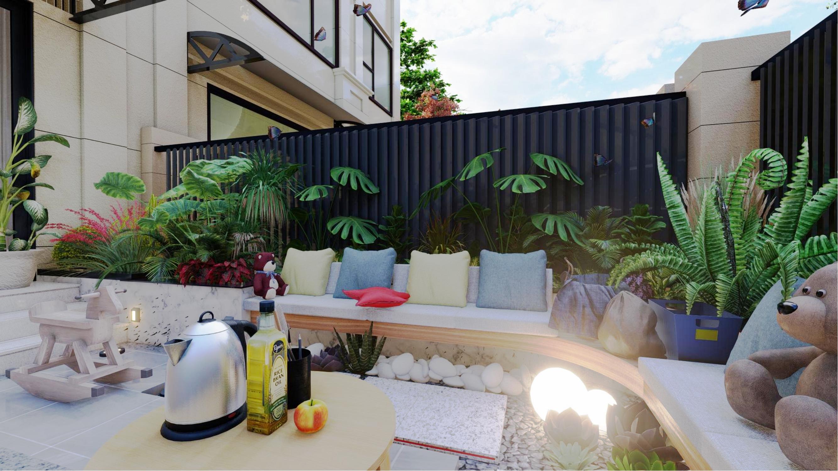 一层简易超现代带车库的小院设计,有车位小庭院别墅设计