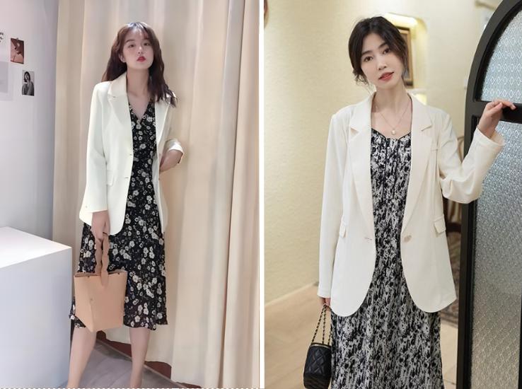 碎花裙加西装外套穿搭,西装内搭碎花连衣裙春秋穿搭