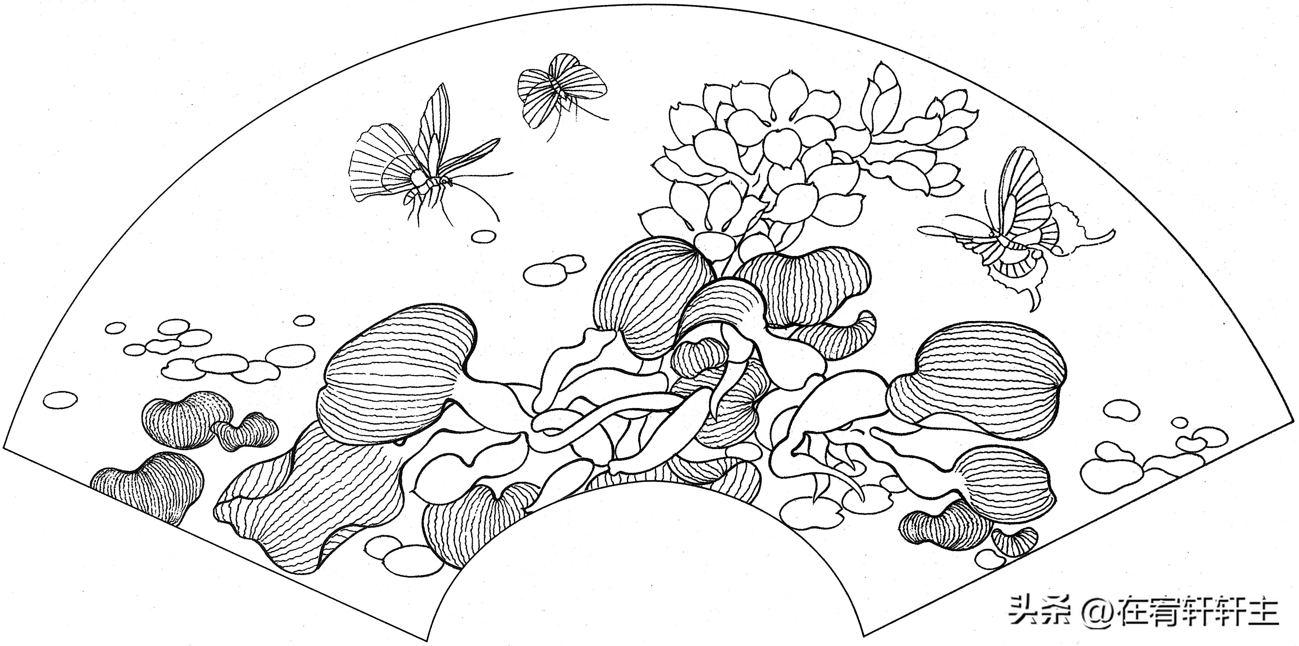 工笔白描祥云图案扇面,工笔扇面葡萄白描图片