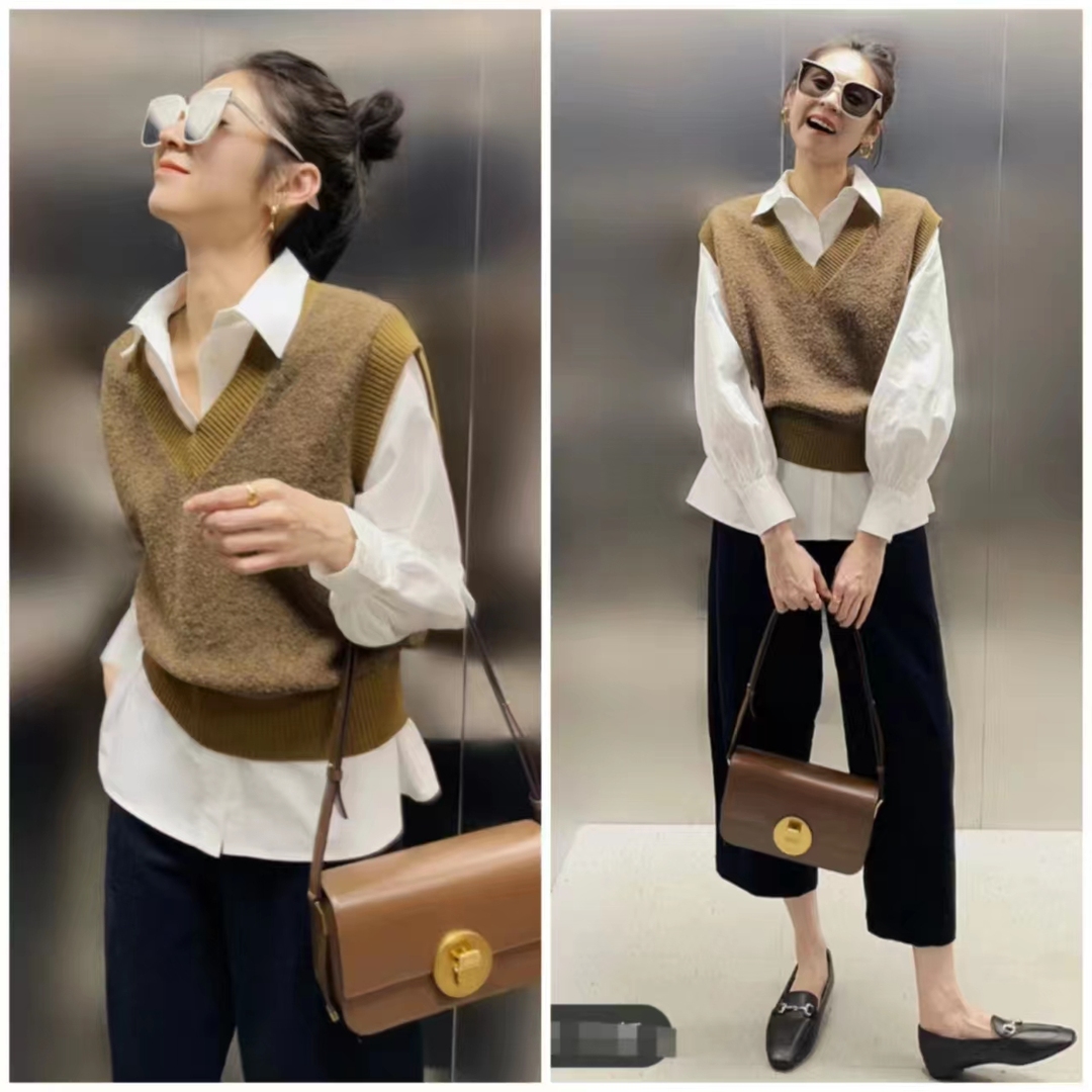 外穿洋气马甲搭格子衬衣,衬衫马甲叠穿什么外套