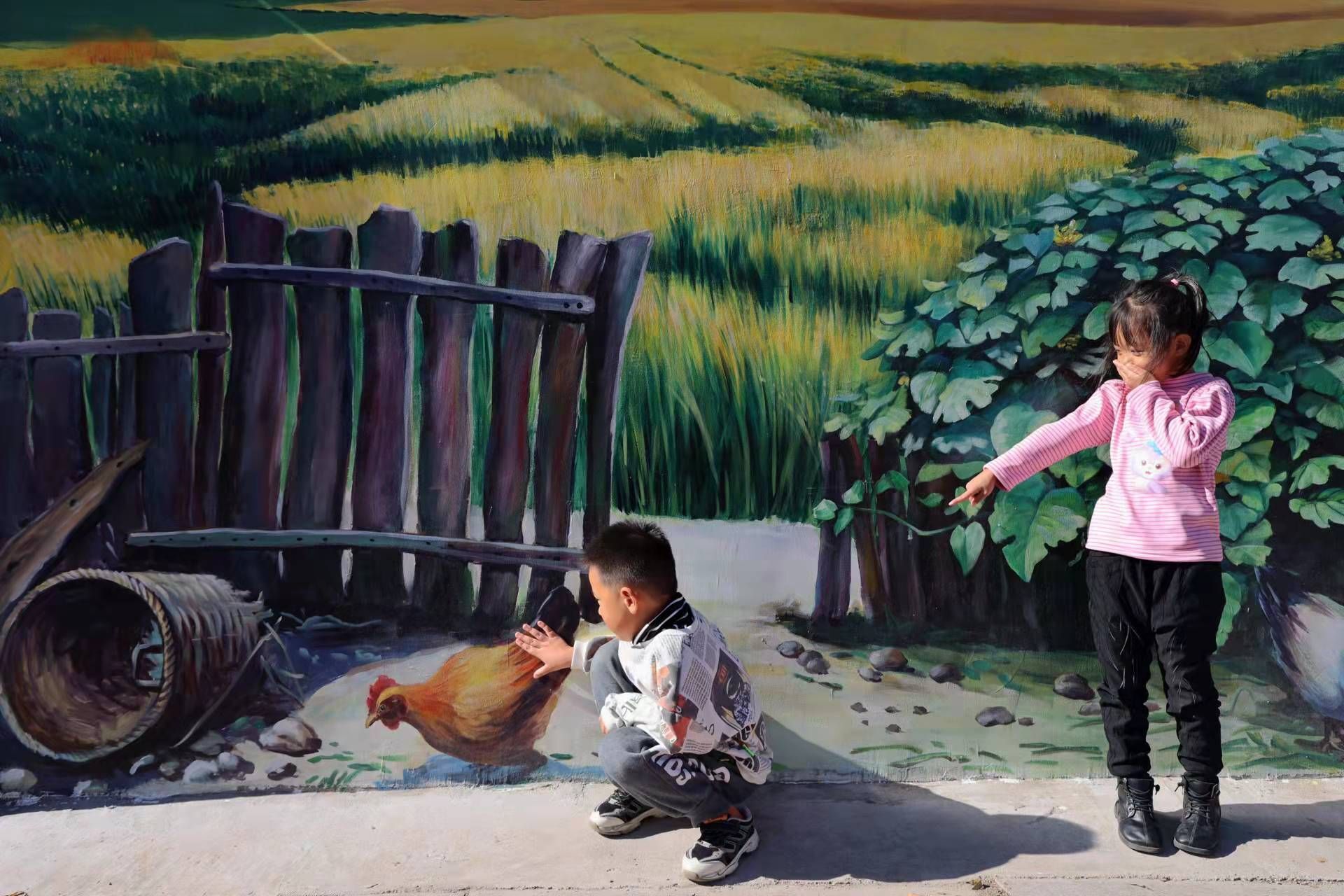 手绘3d风景,水彩风景画乡村田园古镇