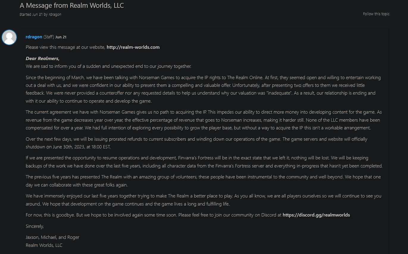 运营27载远古MMO《TheRealmOnline》即将关服
